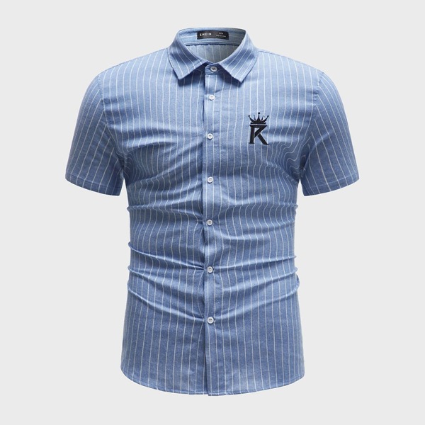 

Men Embroidery Letter Striped Shirt, Blue