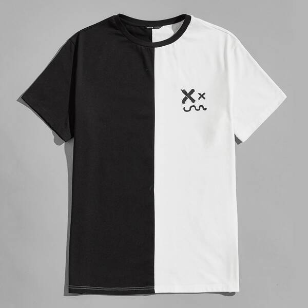

Men Cartoon Graphic Spliced Tee, Black and white