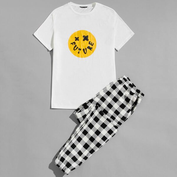 

Men Cartoon Graphic Tee And Buffalo Plaid Pants PJ Set, Black and white