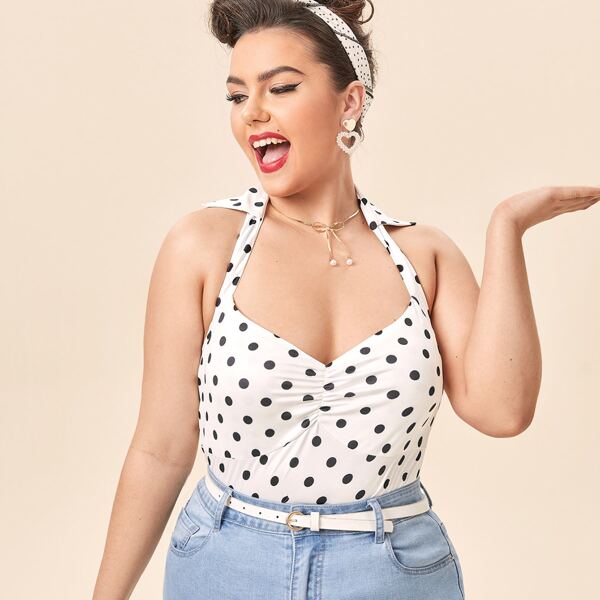 

Plus Polka Dot Backless Halter Top, White
