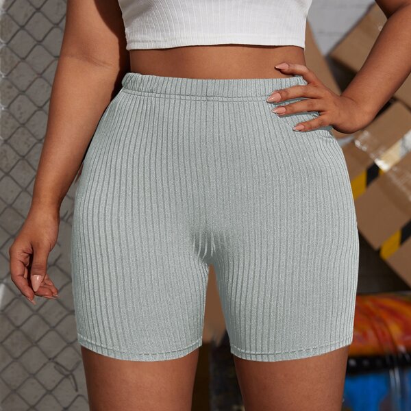 

Plus Ribbed Solid Biker Shorts, Light grey