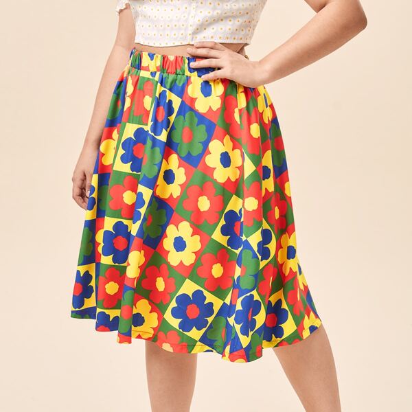 

Plus Flower Print Elastic Waist Skirt, Multicolor