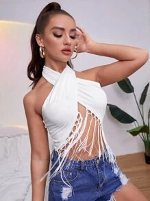 Fringe Hem Wrap Halter Top - White - View 1