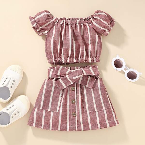 

Toddler Girls Striped Print Frill Trim Crop Top With Belted Skirt, Redwood