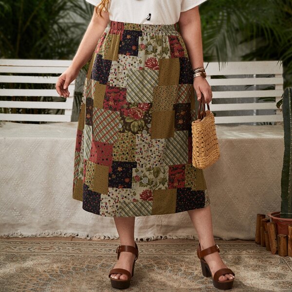 

Plus Floral & Patchwork Print Skirt, Multicolor
