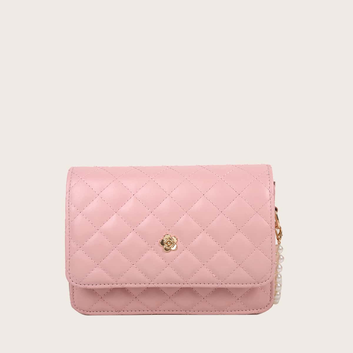 

Faux Pearl Strap Quilted Crossbody Bag, Baby pink