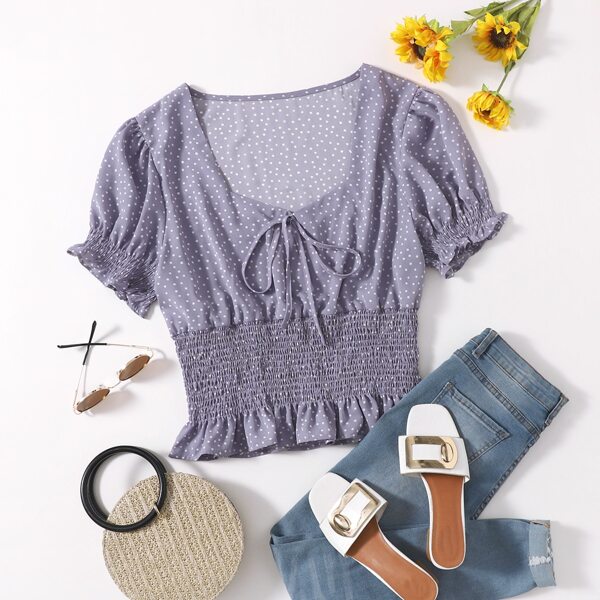 

Plus Polka Dot Sweetheart Neck Shirred Blouse, Purple