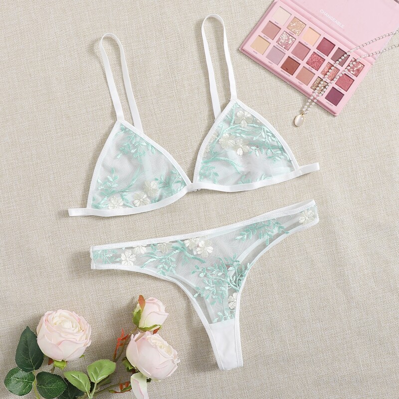 

Floral Embroidered Mesh Lingerie Set, Blue