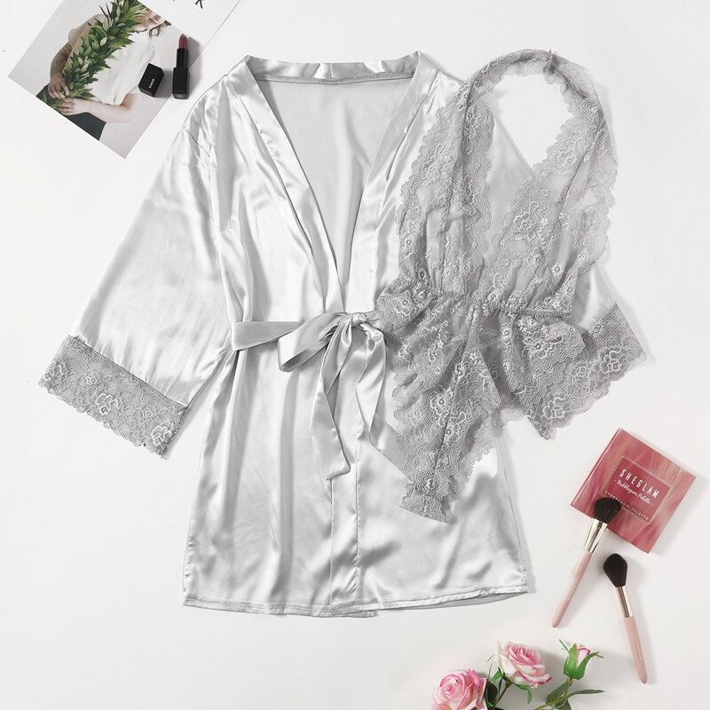 

Floral Lace Teddy Bodysuit With Satin Belted Robe, Grey