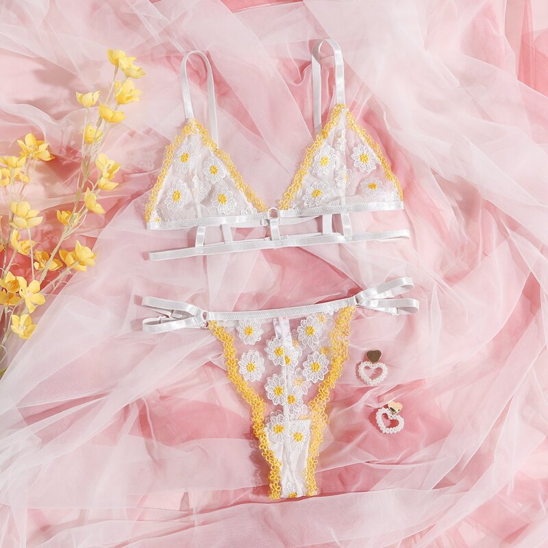 

Floral Embroidered Mesh Lingerie Set, White