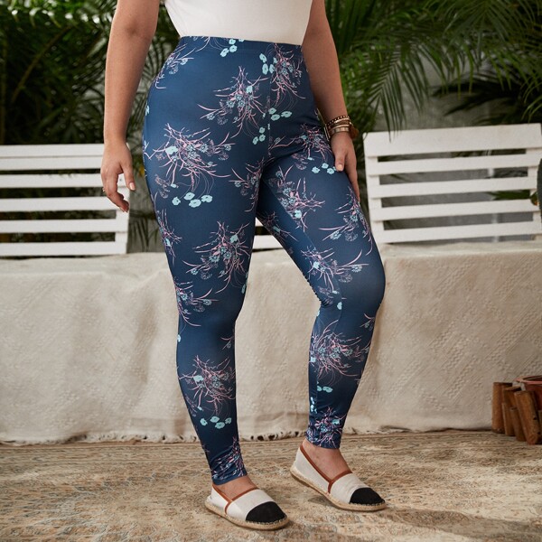 

Plus Plants Print Leggings, Navy blue