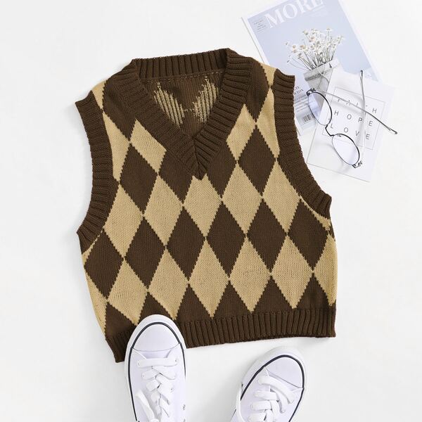 

V-neck Argyle Pattern Sweater Vest, Multicolor