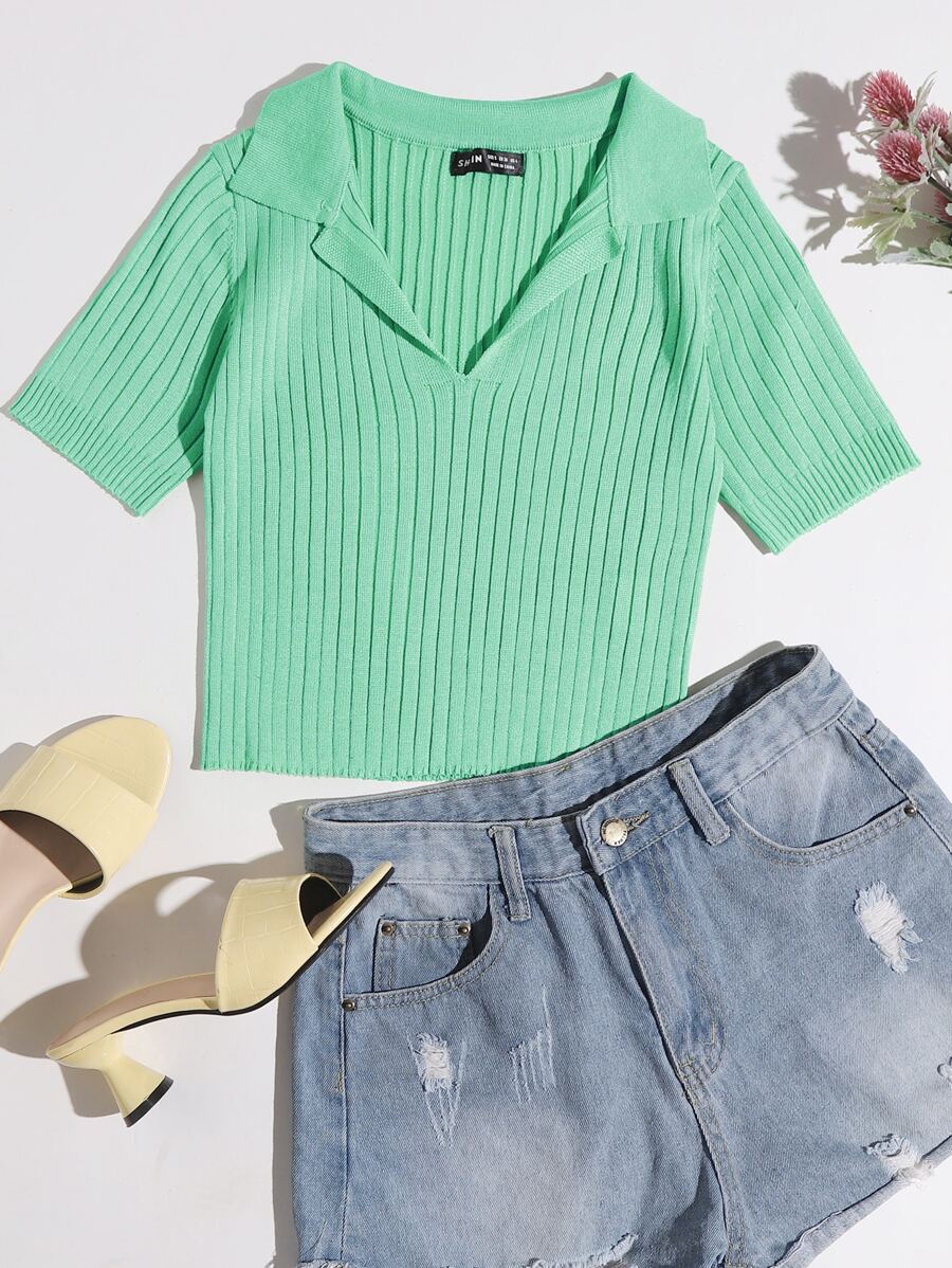 Solid Ribbed Knit Top - Mint Green - View 1