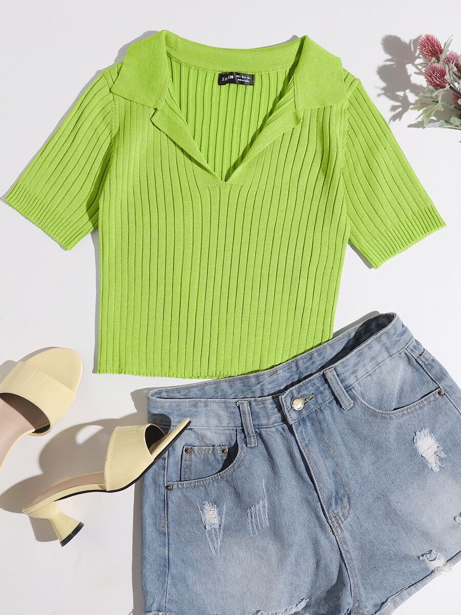 Solid Ribbed Knit Top - Olive Green - View 1