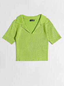 Solid Ribbed Knit Top - Olive Green - View 4