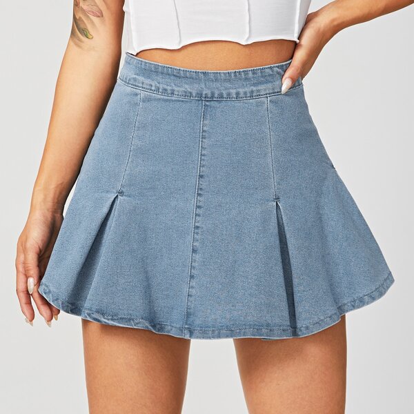 

High Waist Pleated Detail Denim Skirt, Light wash