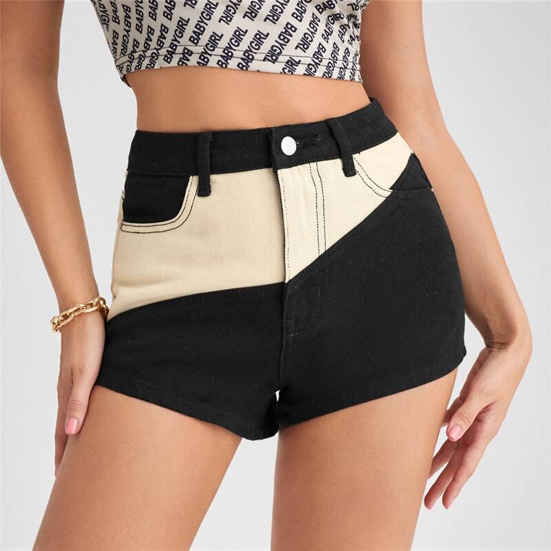 

High Waist Color Block Denim Shorts, Black