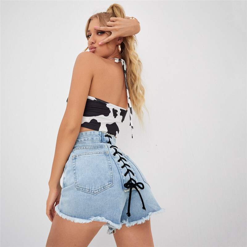

Lace Up Detail Raw Hem Denim Shorts, Light wash
