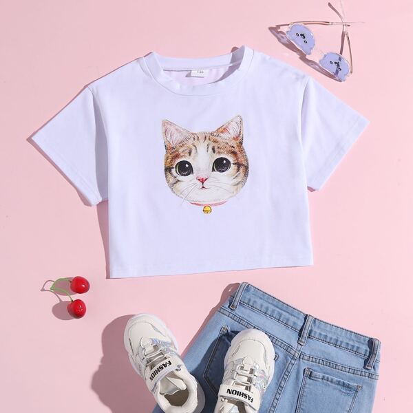 

Girls Cat Print Crop Tee, White