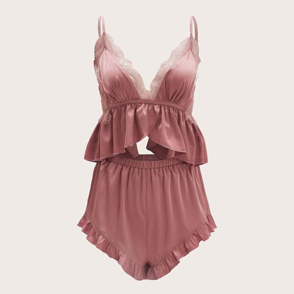 

Lace Trim Peplum Cami Top & Shorts PJ Set, Dusty pink
