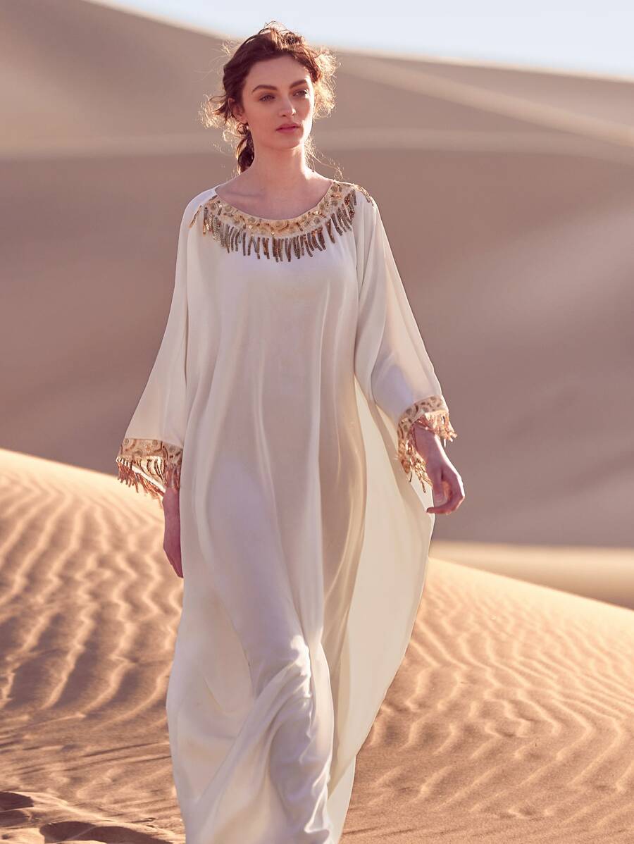 Al Najma Kaftan ribete con lentejuelas - Blanco - Ver 1