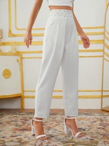 SHEIN Pantalones de cintura con cuenta - Blanco - Ver 3