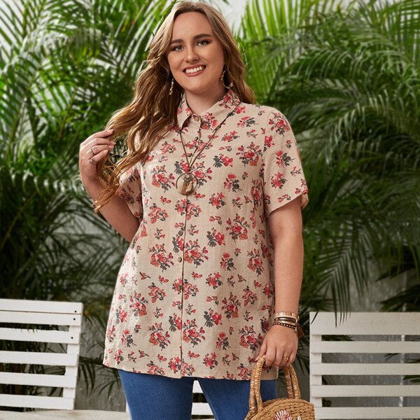 

Plus Floral Button Up Blouse, Multicolor