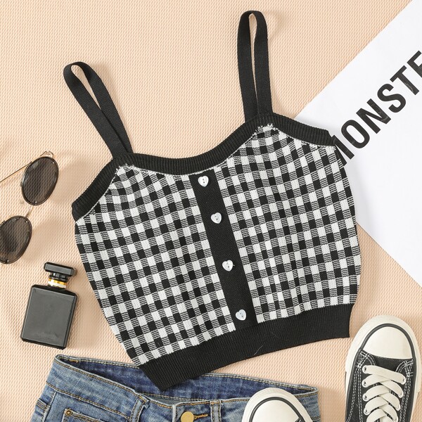 

Button Front Gingham Pattern Knit Top, Black and white