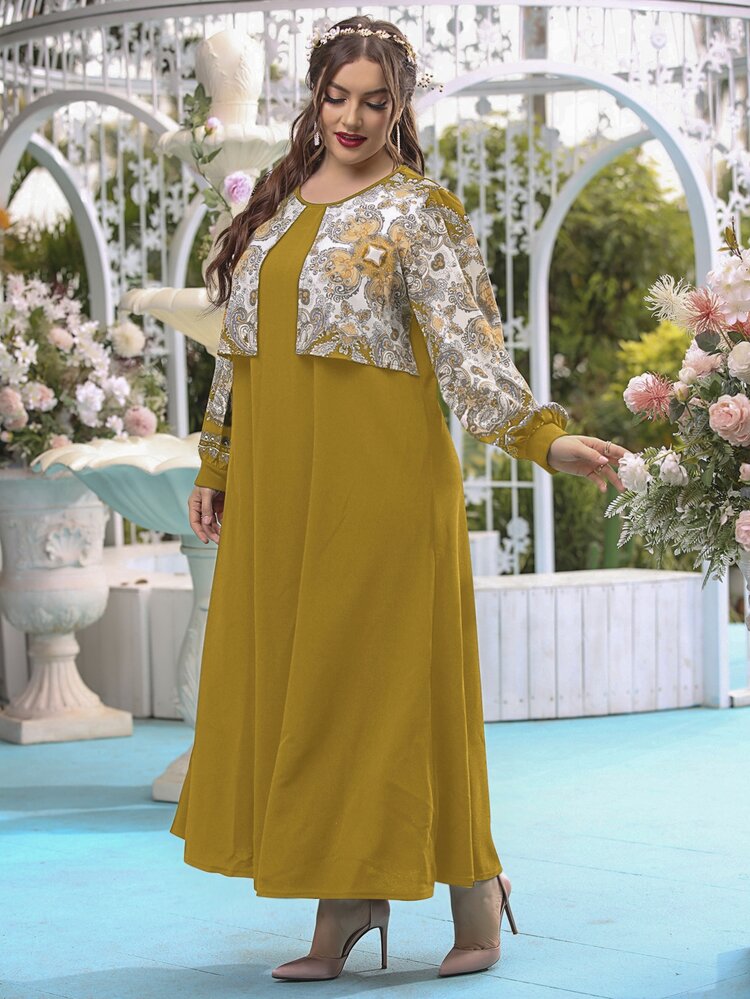 Plus Contrast Panel Tunic Dress - Mustard Yellow - View 4