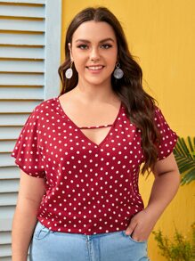 SHEIN LUNE Plus Cut Out Front Polka Dot Top - Burgundy - View 1