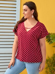 SHEIN LUNE Plus Cut Out Front Polka Dot Top - Burgundy - View 5