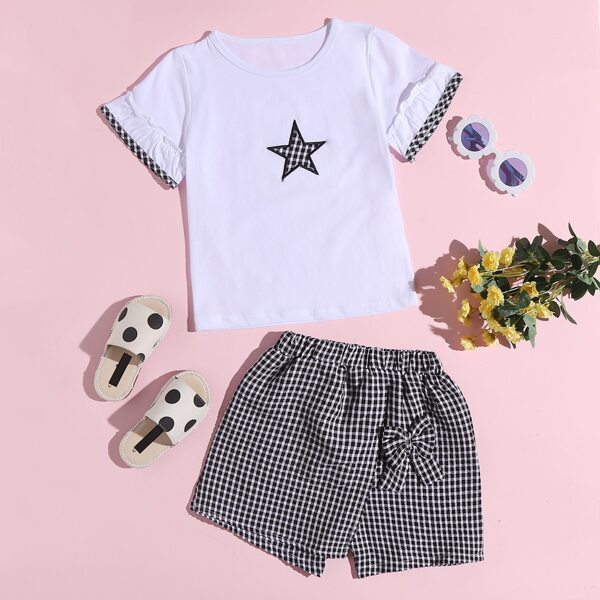 

Toddler Girls Star Pattern Tee & Gingham Bow Shorts, Black and white