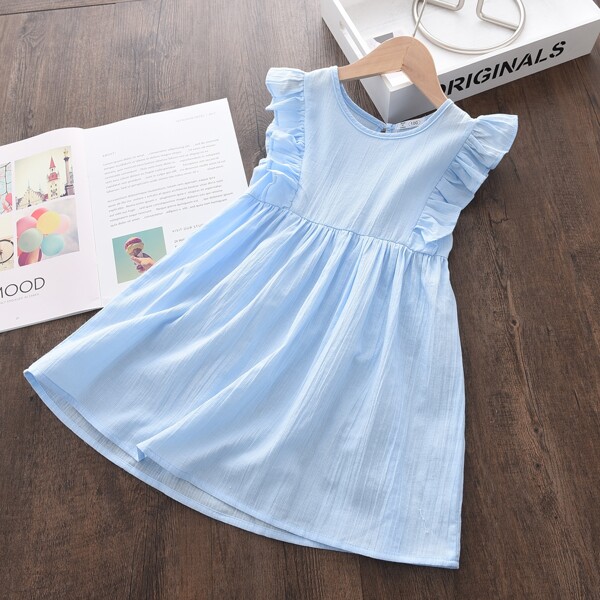 

Toddler Girls Ruffle Trim Solid Dress, Baby blue