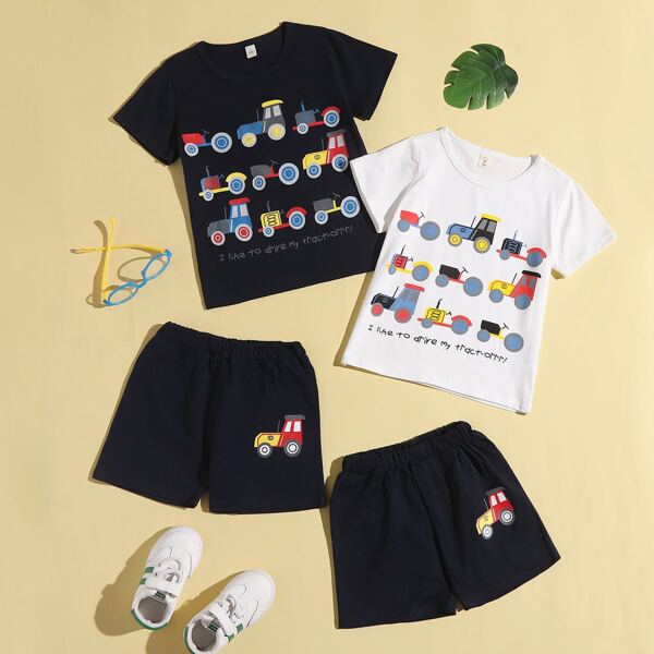 

Toddler Boy 4pcs Cartoon Graphic Tee & Shorts Set, Black and white