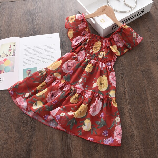 

Toddler Girls All Over Floral Print Ruffle Trim A-line Dress, Burgundy