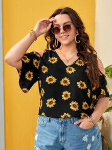 SHEIN VCAY Blusa de hombros abiertos con estampado de girasoles para tallas grandes, ideal para verano - Negro - Ver 1