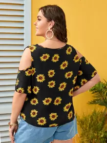 SHEIN VCAY Blusa de hombros abiertos con estampado de girasoles para tallas grandes, ideal para verano - Negro - Ver 2