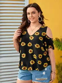 SHEIN VCAY Blusa de hombros abiertos con estampado de girasoles para tallas grandes, ideal para verano - Negro - Ver 3