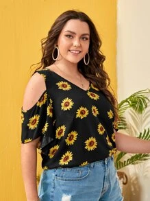 SHEIN VCAY Blusa de hombros abiertos con estampado de girasoles para tallas grandes, ideal para verano - Negro - Ver 5
