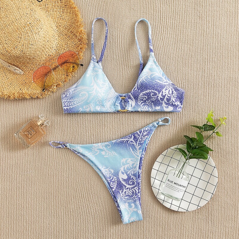 

Paisley Print Ring Linked Bikini Swimsuit, Multicolor
