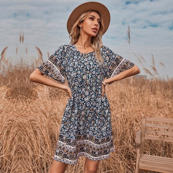 

Floral & Geo Print Smock Dress, Multicolor