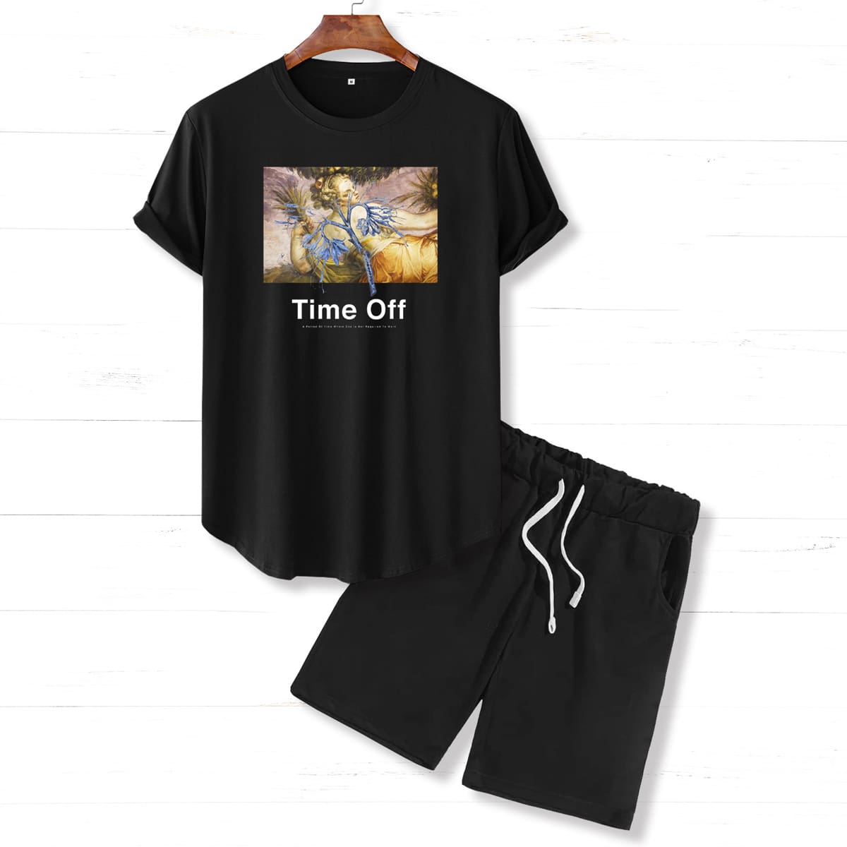 

Guys Slogan & Figure Graphic Tee & Shorts, Black