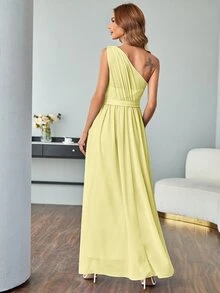Chiffon One Shoulder Maxi Prom Dress - Yellow - View 2