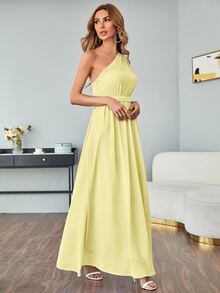 Chiffon One Shoulder Maxi Prom Dress - Yellow - View 3
