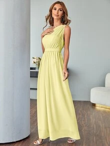 Chiffon One Shoulder Maxi Prom Dress - Yellow - View 4