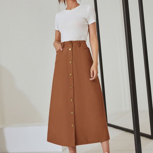 

High Waist Button Front Skirt, Burnt orange