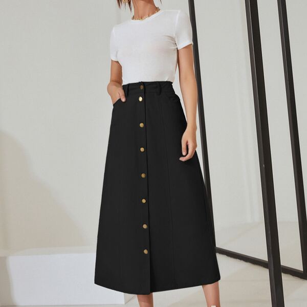 

High Waist Button Front Skirt, Black