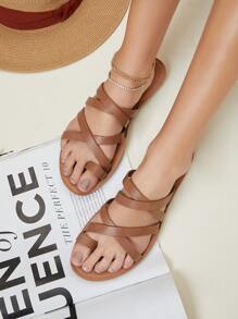 Faux Leather Toe-Loop Slipper Sandals - Brown - View 1