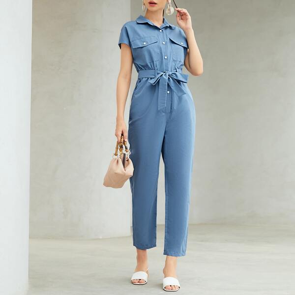 

Flap Pockets Belted Shirt Jumpsuit, Blue