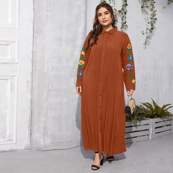 

Plus Floral Embroidery Shirt Dress, Orange
